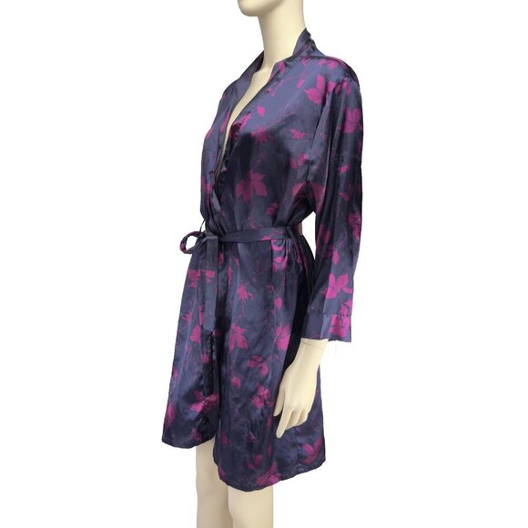 LVER Satin Purple and Pink Floral Kimono Bathrobe Robe sz S/M - Picture 2 of 5